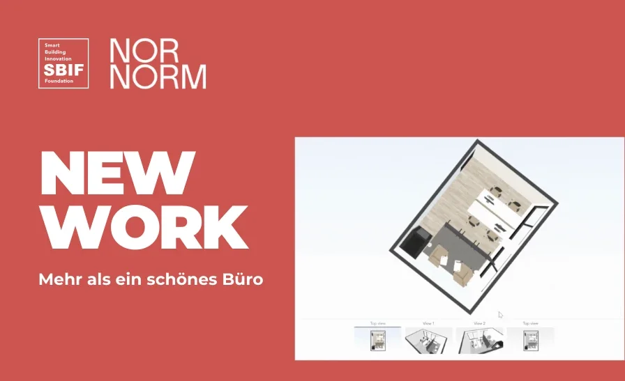 Visualisierung eines modern eingerichteten Büros neben dem Artikeltitel New Work: Mehr als ein schönes Büro auf rotem Hintergrund. Oben die Logos von SBIF und NORNORM